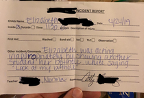 The incident report my buddy got from his daughters daycare