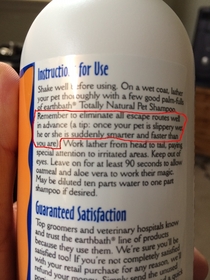 The instructions for my new dog shampoo