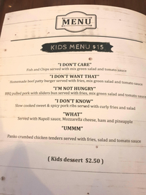 The kids menu at a local restaurant
