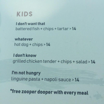 The kids section of this menu