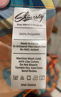 The last line on the wash instructions of my wifes fanny pack-poncho Apologies for the blurry photo
