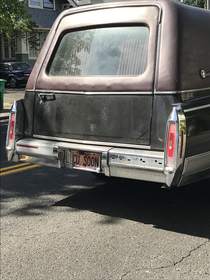 The license plate on this decommissioned hearse