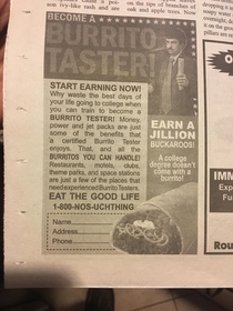 The local paper runs a fake add in every issue
