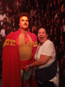 The look on the wax figure of Nachos face and my mom grabbing his package