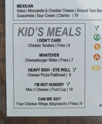 The names of food on this kids menu