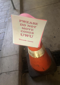 The new sign on the cone I constantly trip over