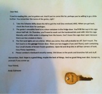 The note my father left for our house sitter telling him how to take care of our animals Hes a big Shawshank fan