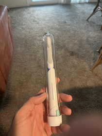 The packaging on my new toothbrush If you turn the toothbrush on the whole thing vibrates lol