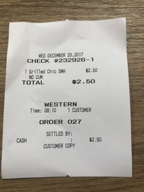 The receipt for ordering a grilled chicken sandwich with no cucumber