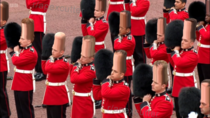 The Royal Guards remove their headdress to cheer the new King