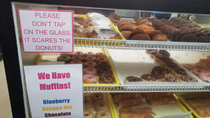 The sign on the donut display at our local shop