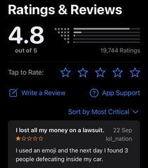 The top Reddit review in the Apple App Store when sorted by critical OC