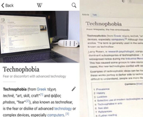 The Wikipedia page for Technophobia fear of advanced technology has an image of a computer with the Technophobia page opened