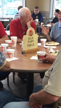 These guys sit at this table every morning The restaurant owners made this sign to claim the table for them