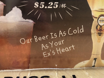 This advertisement for beer at a Chinese skewer reasturaunt
