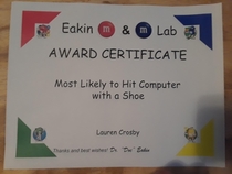 This award my daughter got working at chem lab