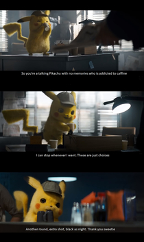 This caffine addicted Pikachu is way too relatable Thank you Ryan Reynolds