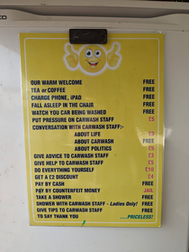 This carwash pricelist