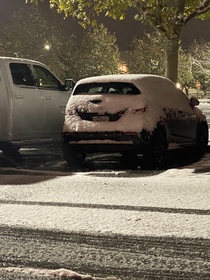 This happy car in the snow storm tonight in New Mexico