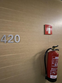This hotel room added a fire extinguisher next to this popular room since many people were lighting it up Sorry for the low quality long day