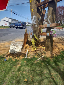 This pole near my house gets hit at least once a day by trucks and at this point the reinforcements look ridiculous