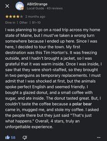 This review for a Tim Hortons in the most northernmost city in Canada
