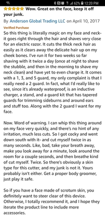 This review from the Phillips One Blade razor on Amazon