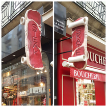This sign shared between a butcher shop and a skate shop in Nantes France