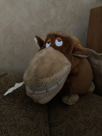 This stuffed moose in my girlfriends house I rolled up a tissue and stuck it in his mouth He is now Stoner Moose