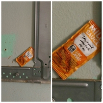 This taco bell sauce was hiding behind the microwave for years and never gave up hope