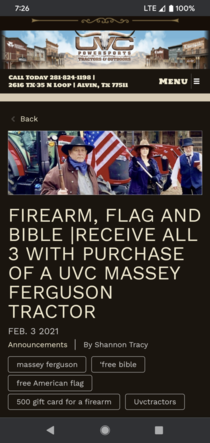 This tractor shop in Texas has billboards offering a free firearm US flag and bible with every tractor purchase Heres their website