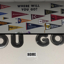 This wall of college pennants at school