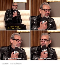 Thor Ragnaroks Jeff Goldblums reaction when asked if he prefers Marvel or DC