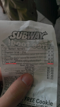 To the guy who put his water in a bag I give you my Subway receipt from DC today