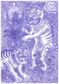 Two sabertooth tigers fighting with wild bees Sun and birds looking on this situacion with smileBy Me Blue pen on xcm paper  year production