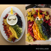 Unicorn Fruit Tray That I Made For A Kids Birthday Left Was An Image I Found On Google Right Was The End Result