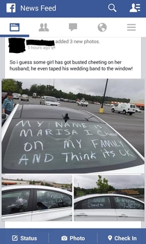Upset husband tags cheating wifes car Leaves ring taped to window Ouch