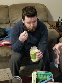 Using a prank idea from Askreddit I put vanilla pudding in a mayonnaise jar My kids were horrified as I ate it while watching them open their Easter presents