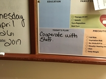 Visited my uncle in the hospital last night and the white board showed this as Todays Plan Sounds about right