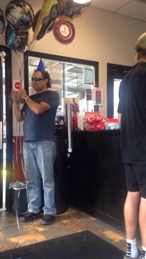 Waiting at Jiffy Lube and this guy brought cookies hats balloons and soda for everyone so that we could have a party while we waited