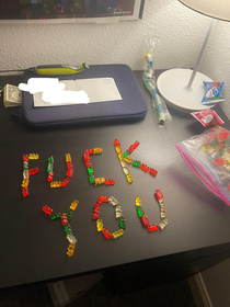 Walked in my room and saw my brother left me a message with my gummy bears