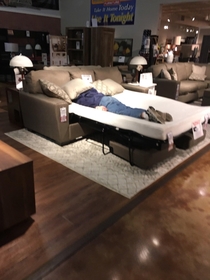 Walking through a furniture store just now and this dude is straight passed out