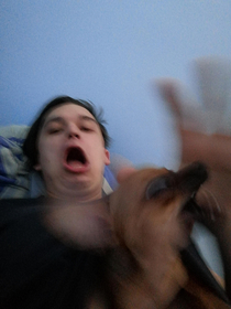 Wanted to send a photo of me and our dog to my sis Had a timer and turned out with this