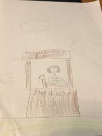 Was going through some papers and found a drawing my little sister drew in Kindergarten Apparently she couldnt spell psychiatrist so she used a word she knew how to spell