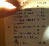 Was looking at the bill from my Chinese dinner and found this Its worth mentioning I have a severe seafood allergy