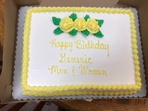 Was told to make the cake with generic colors because it was for a man and woman Wal-Mart bakery employee didnt disappoint