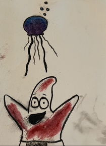 Watercolor painting with my grand daughter got creepy Patrick is horrifying