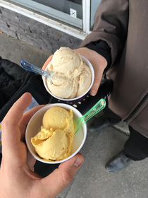 We both ordered one scoop of ice cream I think the ice cream vendor likes my wife