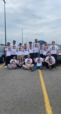 We surprised a co-worker by wearing his face on our T-shirts tallest guy
