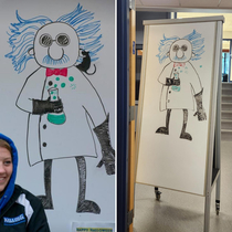 We took these photos the same day nine years apart today and realized the same illustration is still on the white board lol